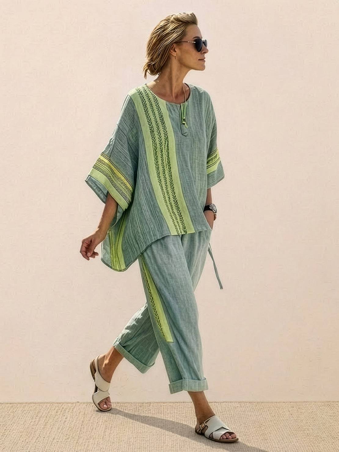 Paloma | Women's Striped Wide-Leg Pants and Tee Set - Casual Two-Piece Outfit