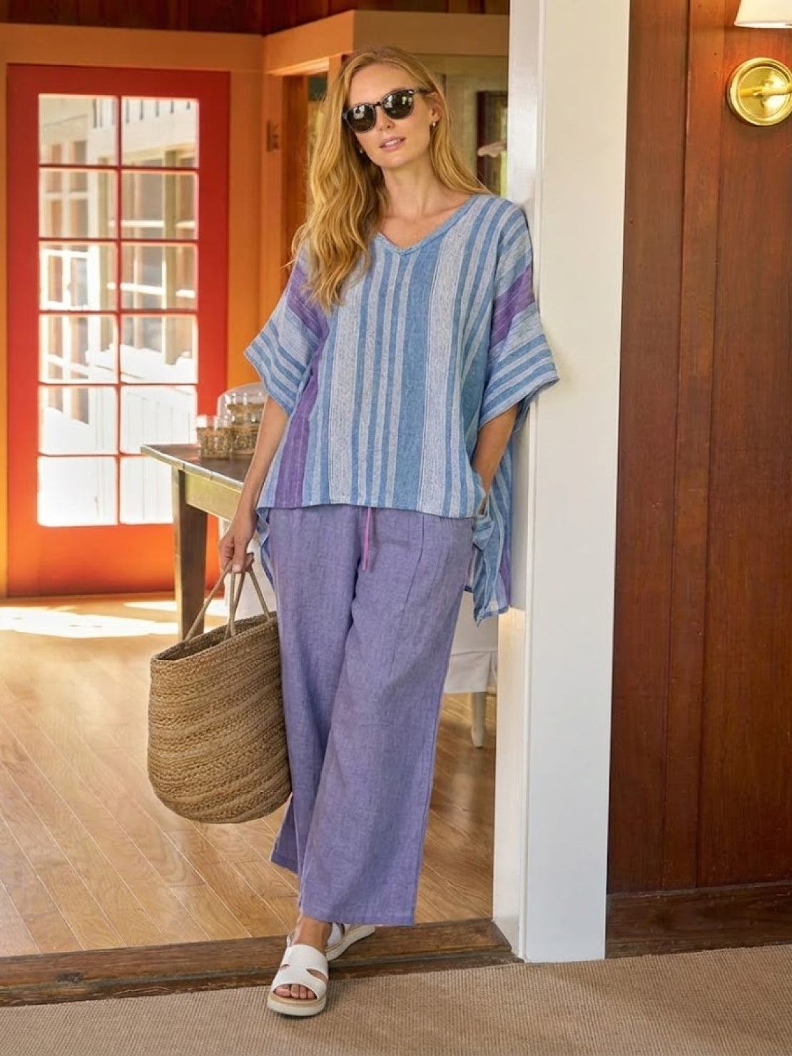 Paloma | Women's Striped Wide-Leg Pants and Tee Set - Casual Two-Piece Outfit