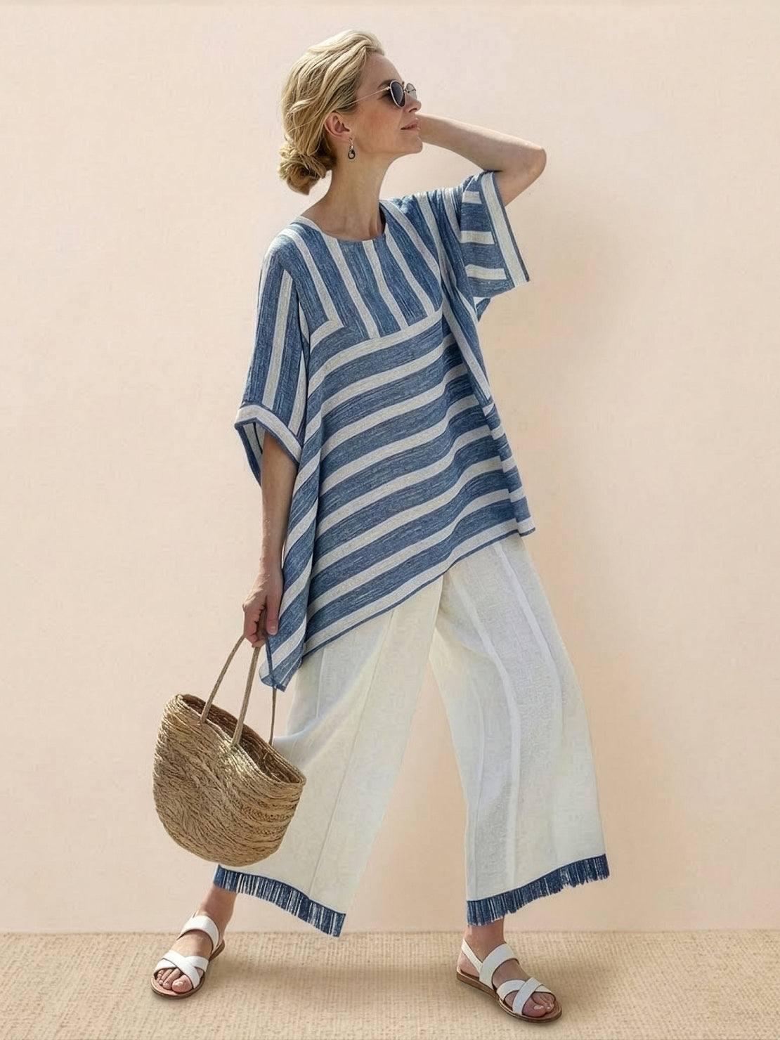 Paloma | Women's Striped Wide-Leg Pants and Tee Set - Casual Two-Piece Outfit