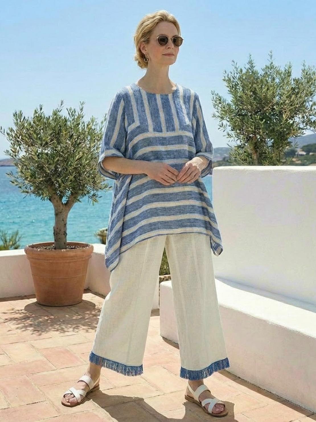 Paloma | Women's Striped Wide-Leg Pants and Tee Set - Casual Two-Piece Outfit