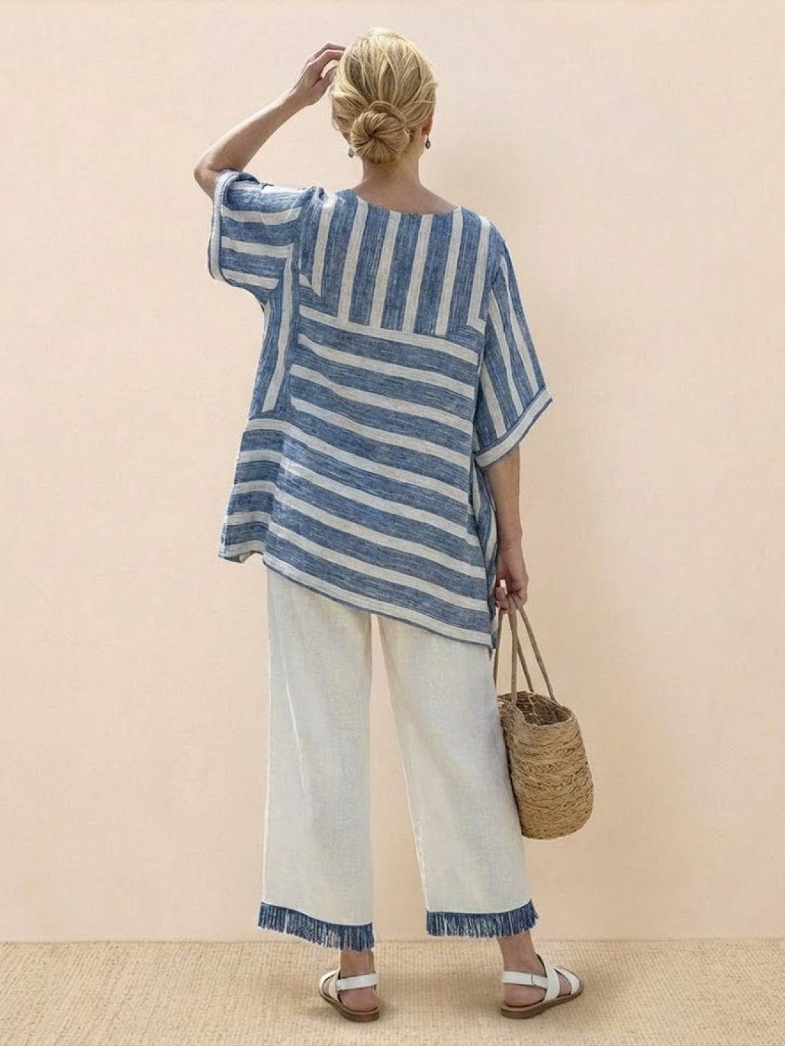 Paloma | Women's Striped Wide-Leg Pants and Tee Set - Casual Two-Piece Outfit