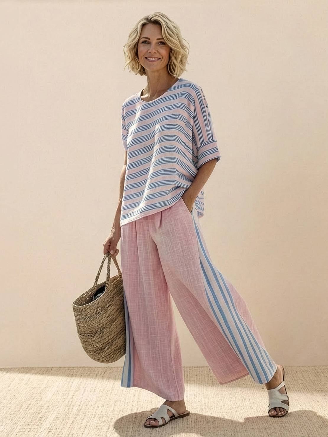 Paloma | Women's Striped Wide-Leg Pants and Tee Set for Casual Wear