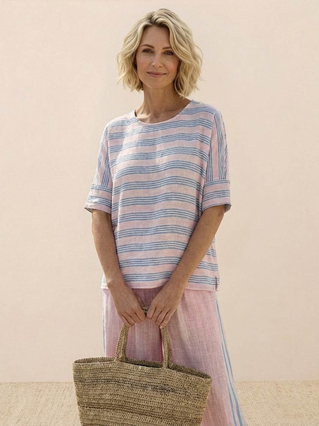 Paloma | Women's Striped Wide-Leg Pants and Tee Set - Casual Two-Piece Outfit