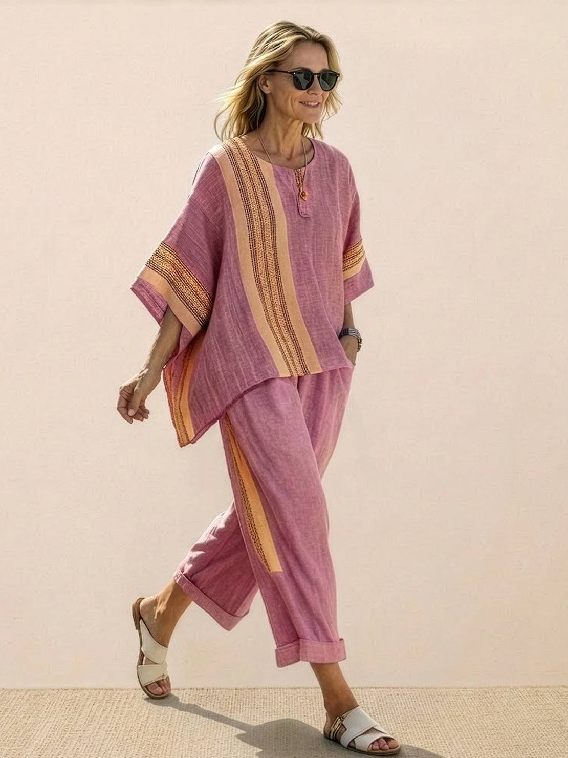 Paloma | Women's Striped Wide-Leg Pants and Tee Set - Casual Two-Piece Outfit