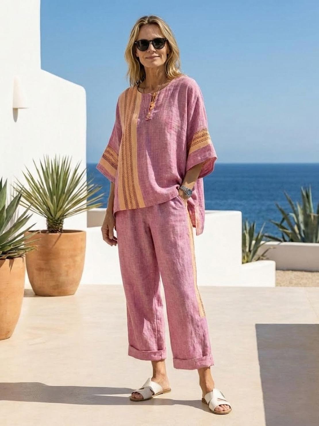 Paloma | Women's Striped Wide-Leg Pants and Tee Set - Casual Two-Piece Outfit