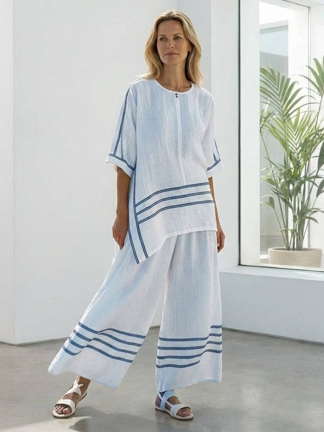 Paloma | Women's Striped Wide-Leg Pants and Tee Set - Casual Two-Piece Outfit