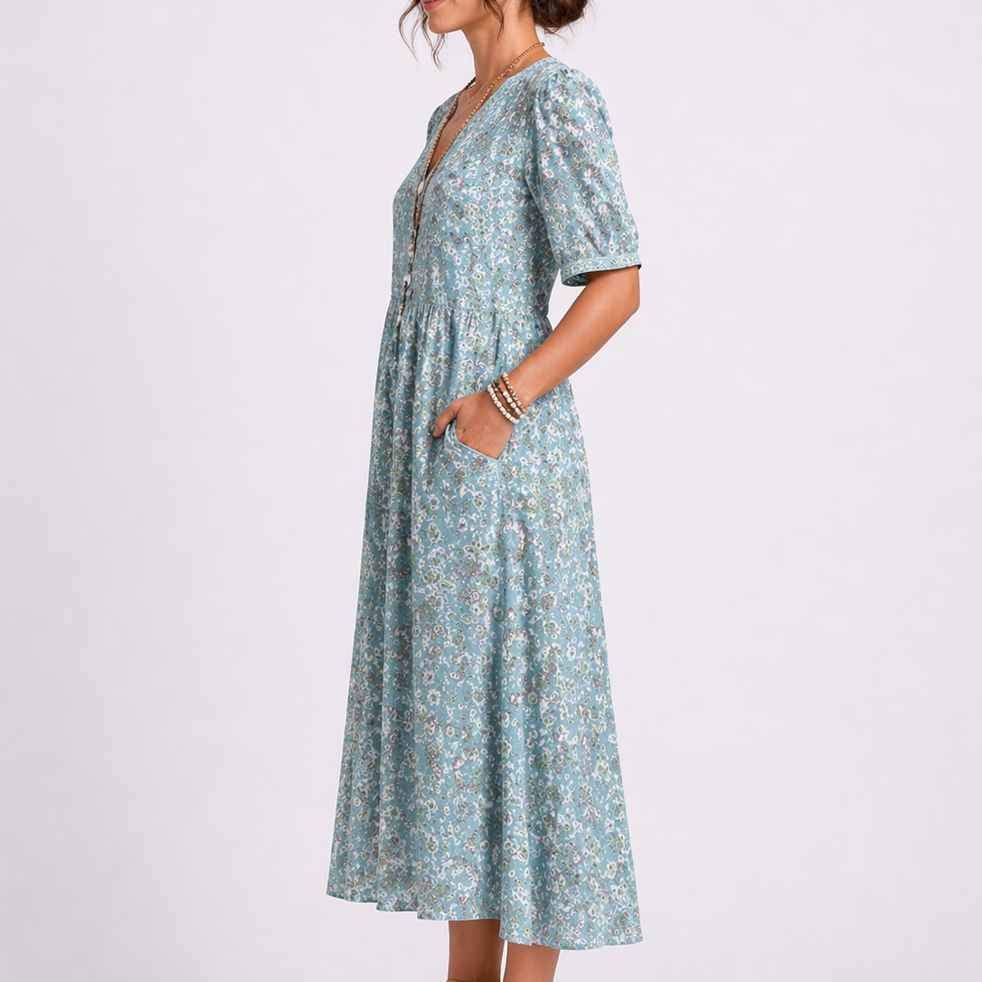 Daphne | Women's Floral V-Neck Midi Dress with 3/4 Sleeves