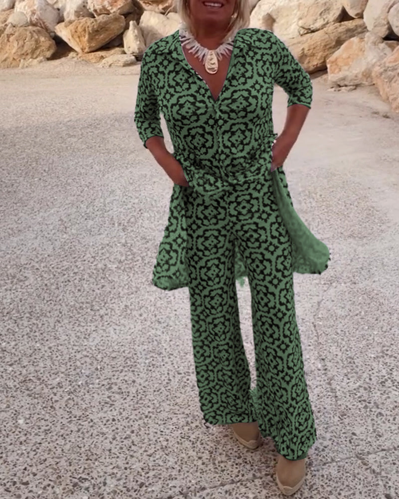 Delphine | Women's V-Neck Tunic and Wide Leg Pants Set with Print