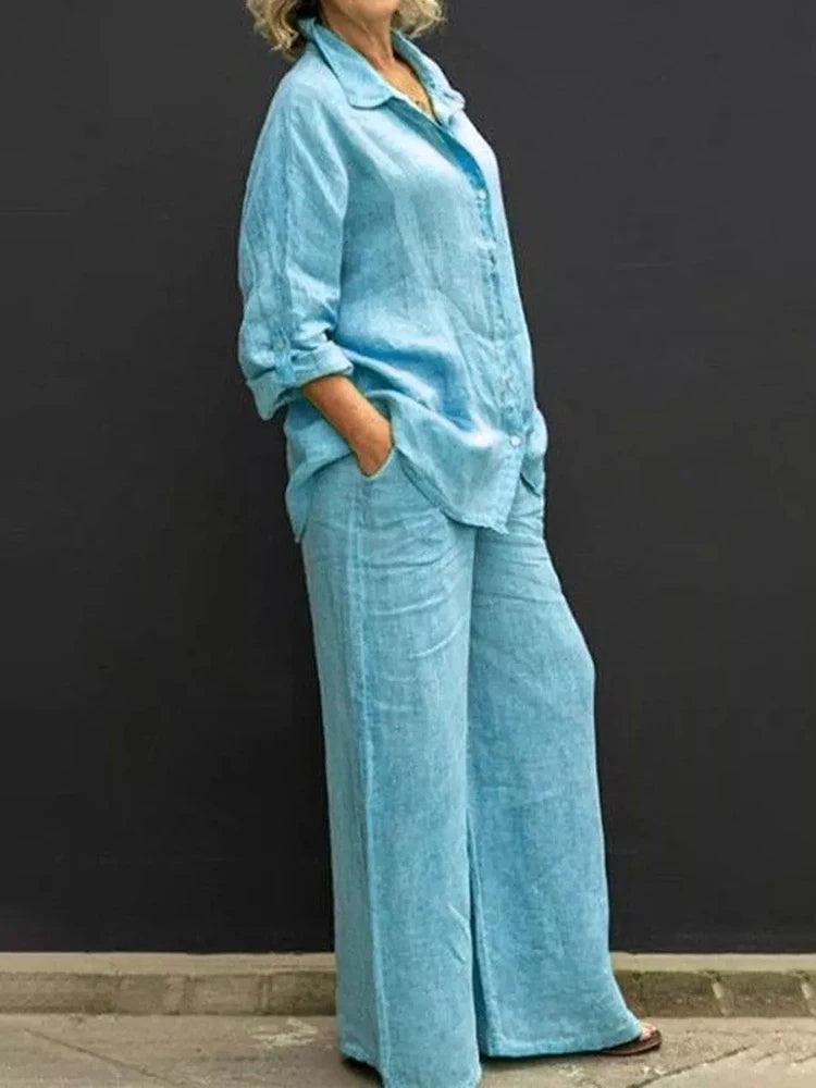 Petra | Women's Long Sleeve Shirt & Wide Leg Pants 2-Piece Set