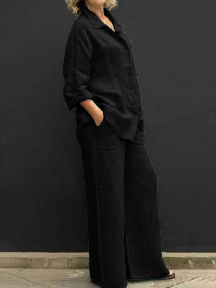 Petra | Women's Long Sleeve Shirt & Wide Leg Pants 2-Piece Set