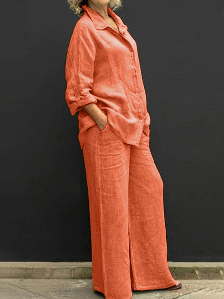Petra | Women's Long Sleeve Shirt & Wide Leg Pants 2-Piece Set