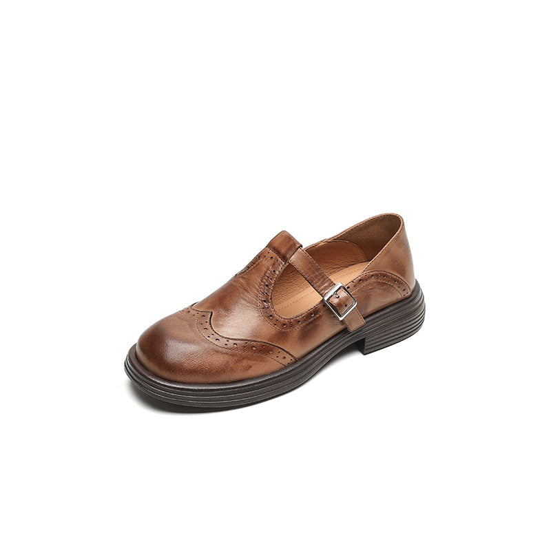 Rosie | Women's Brogue Block Heel T-Strap Mary Jane Leather Shoes