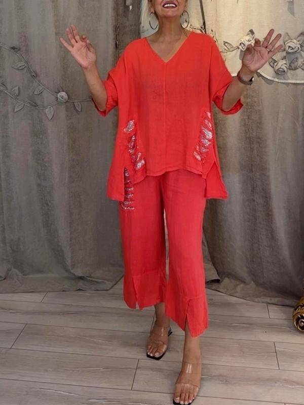 Pearl | Women's Casual V-Neck Top & Cropped Pants 2-Piece Set