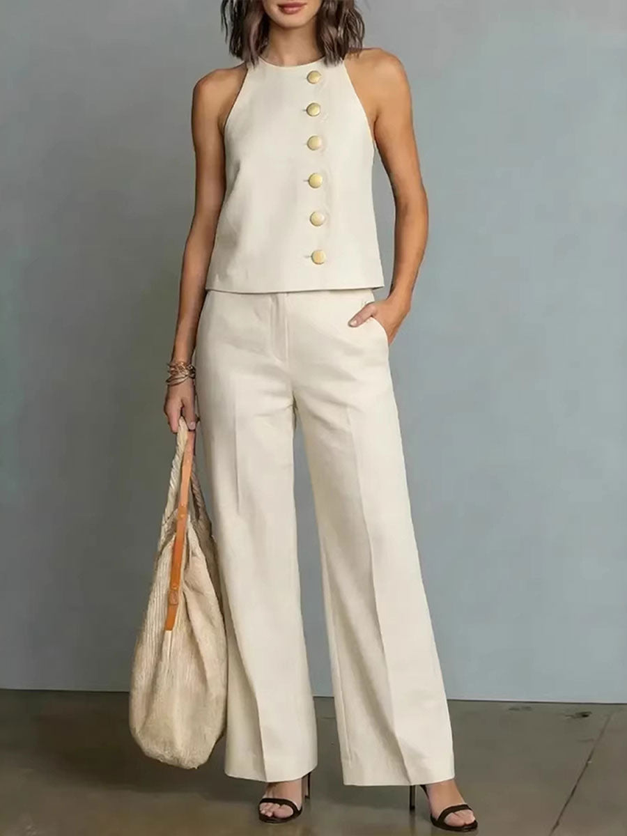 Button Detail Halter Top & Wide-Leg Pants Set