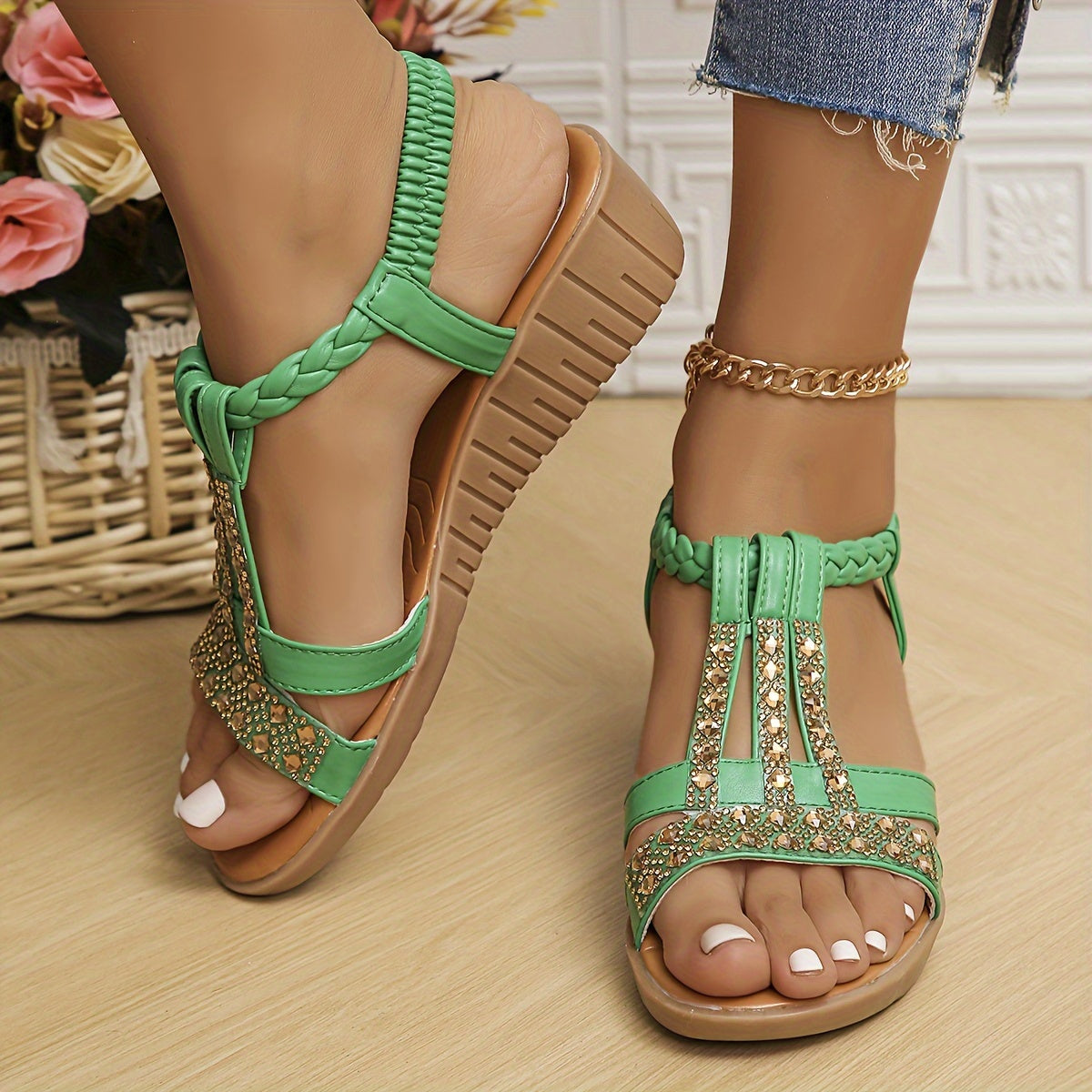 Darby | Women's Woven Sandals with Rhinestone Accents