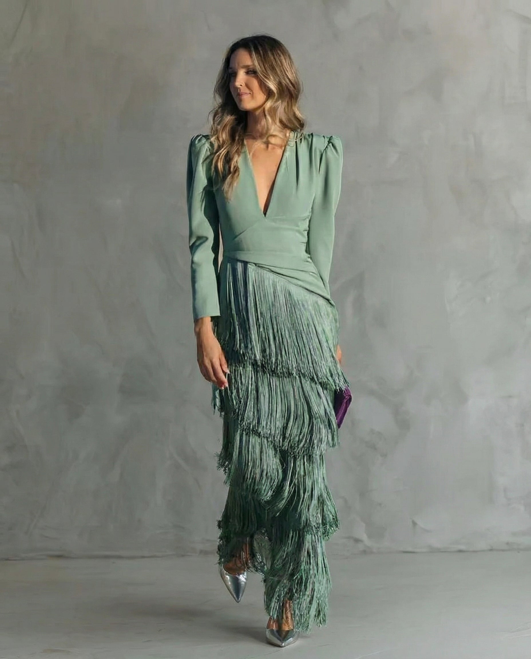 Esmeralda | Women's V-Neck Maxi Dress with Fringe Details