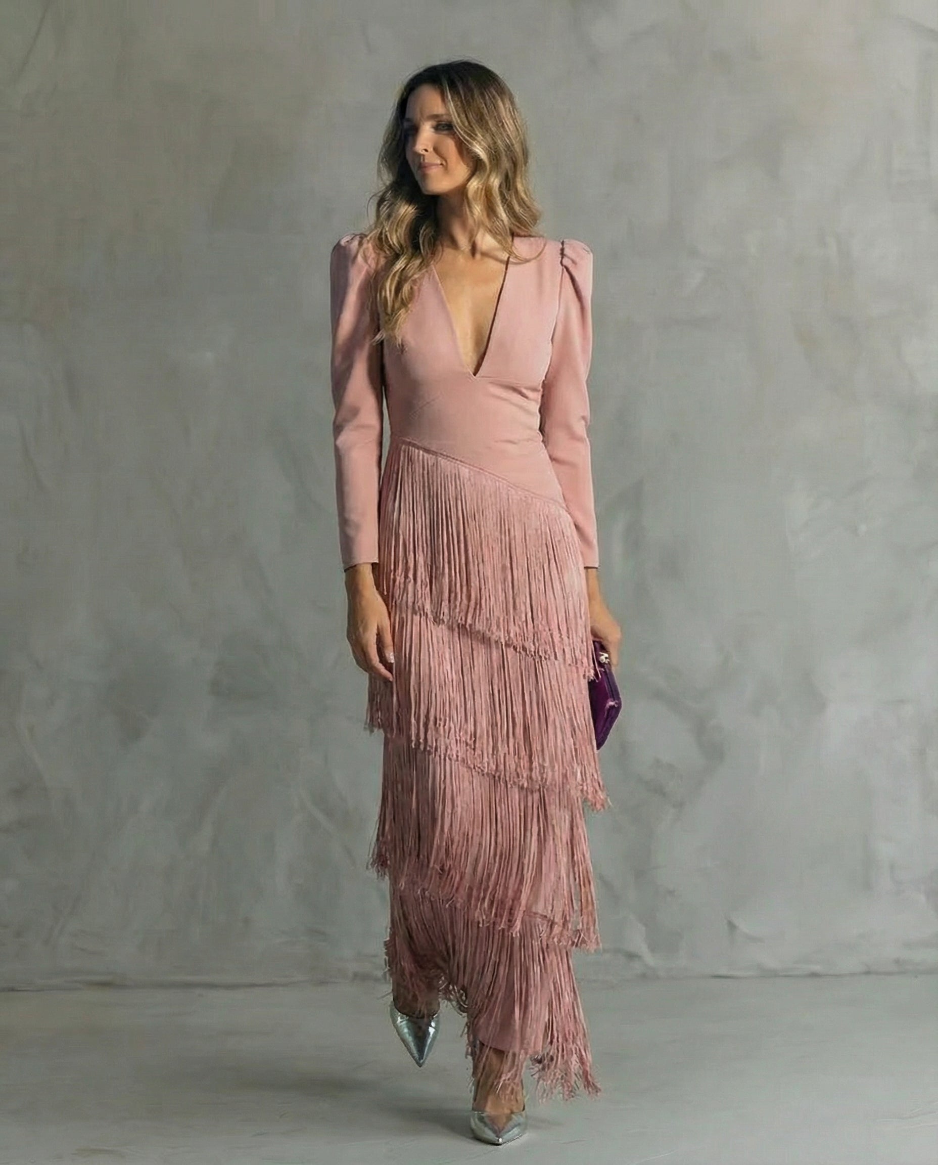 Esmeralda | Women's V-Neck Maxi Dress with Fringe Details