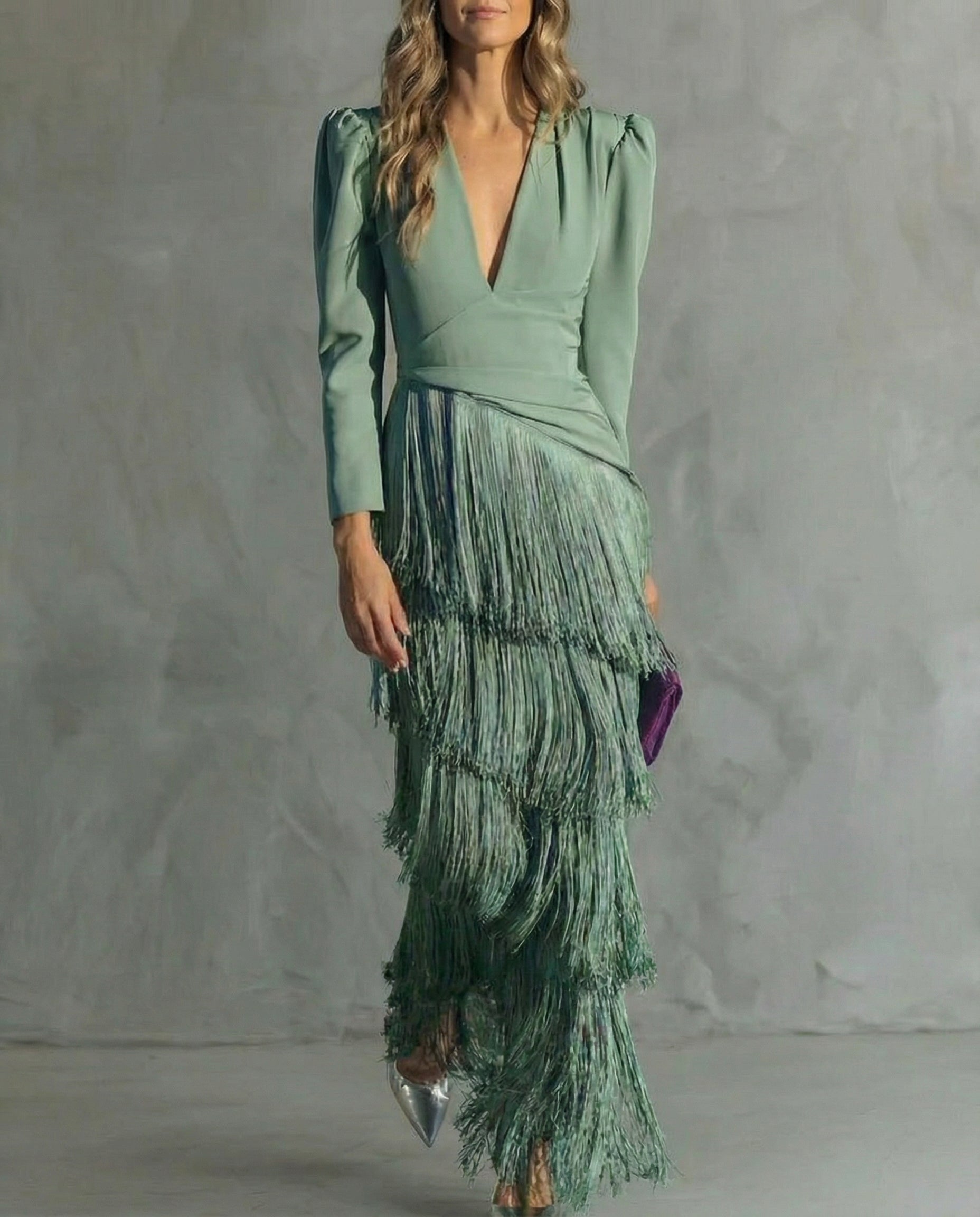 Esmeralda | Women's V-Neck Maxi Dress with Fringe Details