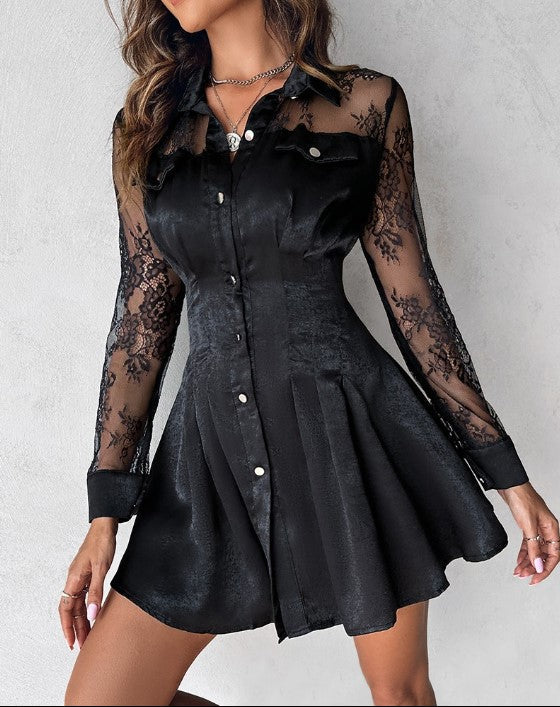 Evangeline | Women's Long Sleeve Lace Mini Dress with Button Front