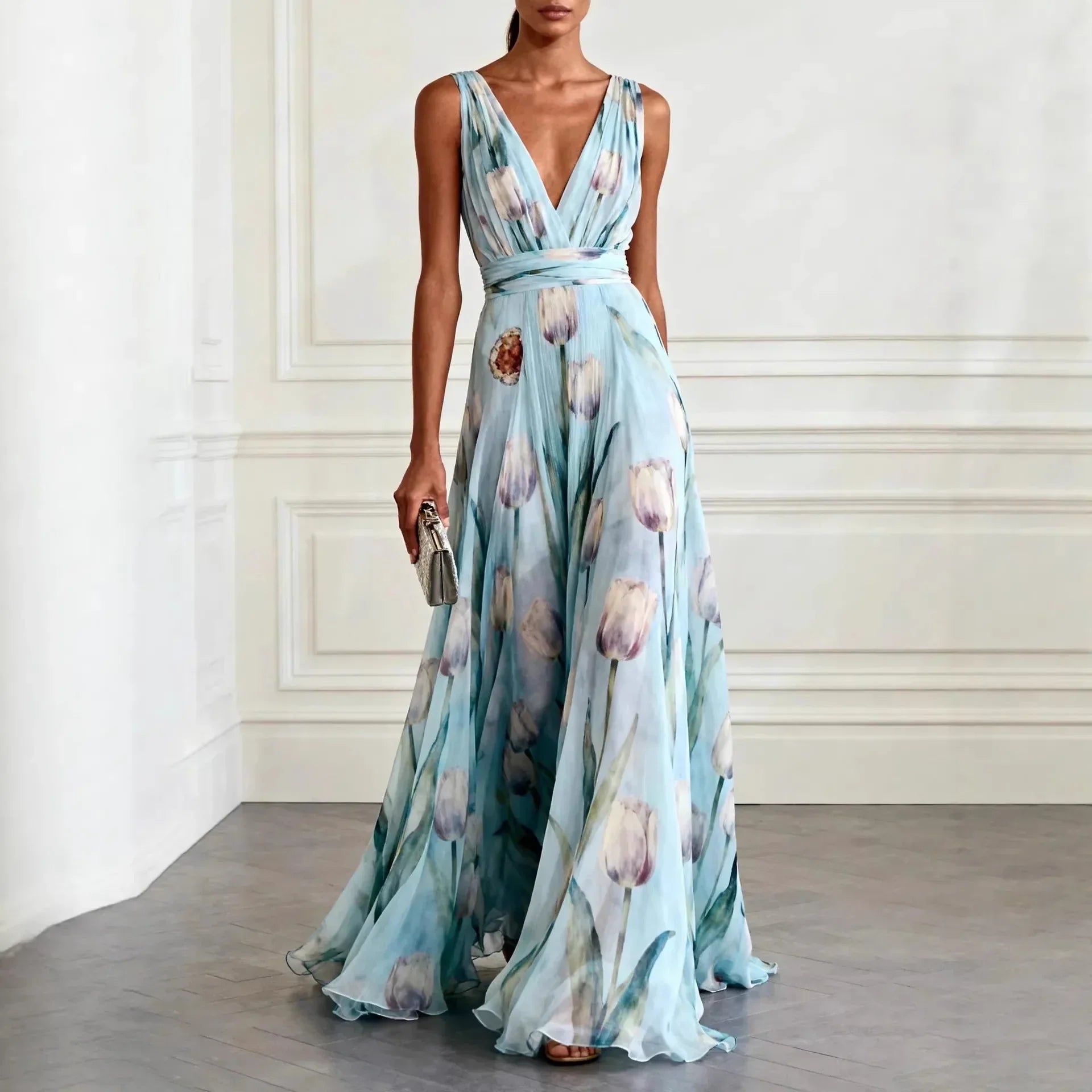 Evelina | Floral Maxi Dress with V-Neck for Women