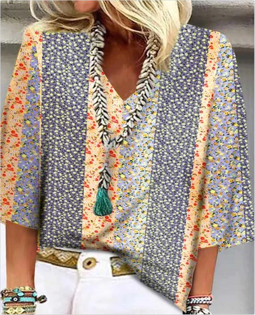 Mosaic Women's V-Neck 3/4 Sleeve Top in Ditsy Floral Patchwork