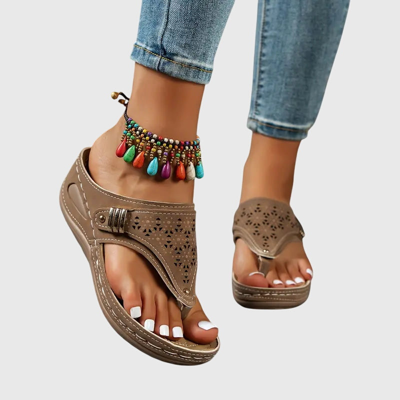 Cleo | Women's Laser Cut Detail Wedge Sandals with Toe Loop