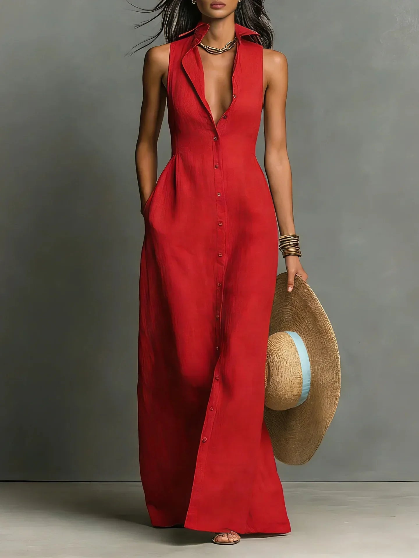 Francine | Women's Sleeveless Maxi Dress with Button Down Detail