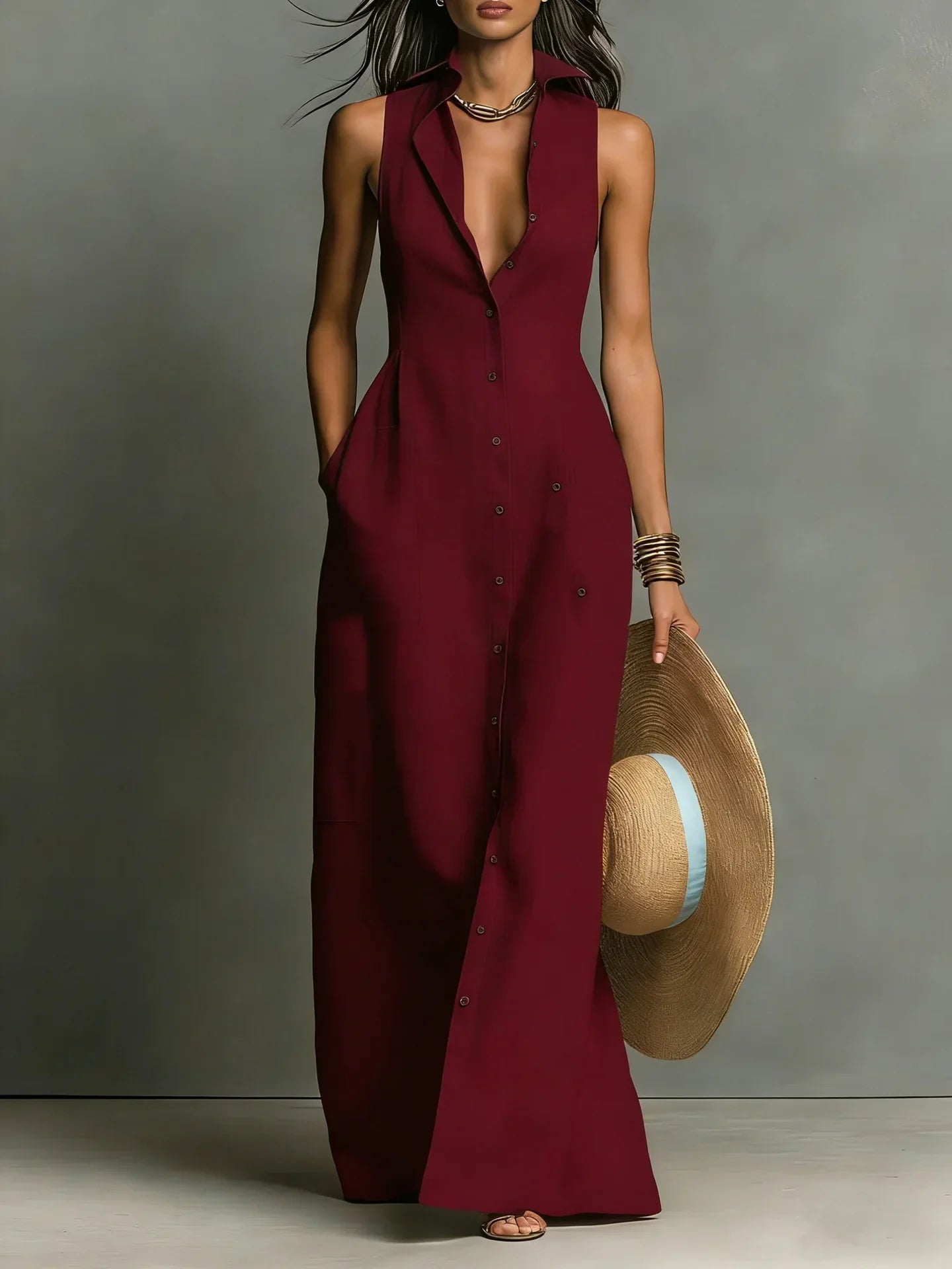 Francine | Women's Sleeveless Maxi Dress with Button Down Detail