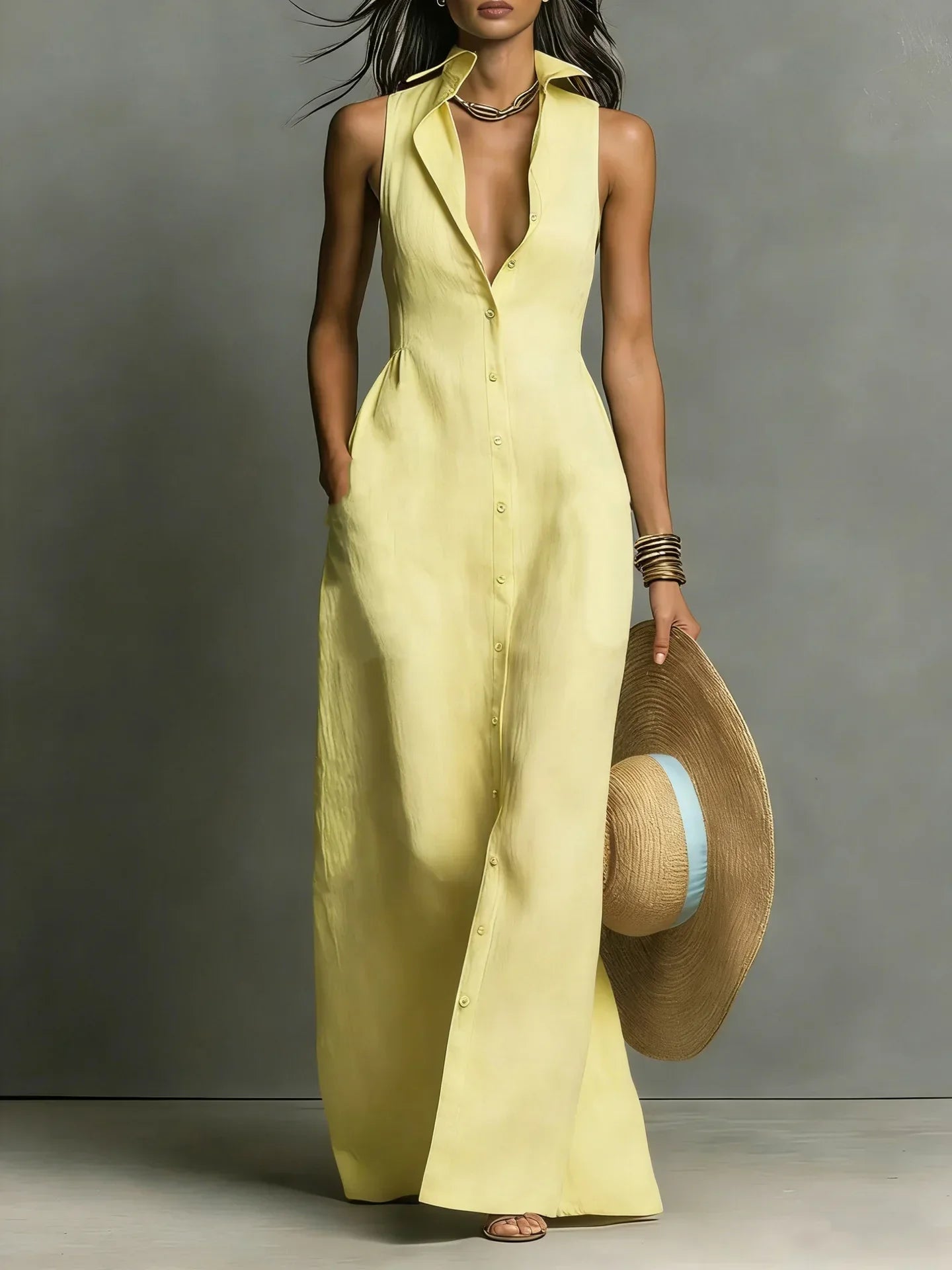 Francine | Women's Sleeveless Maxi Dress with Button Down Detail