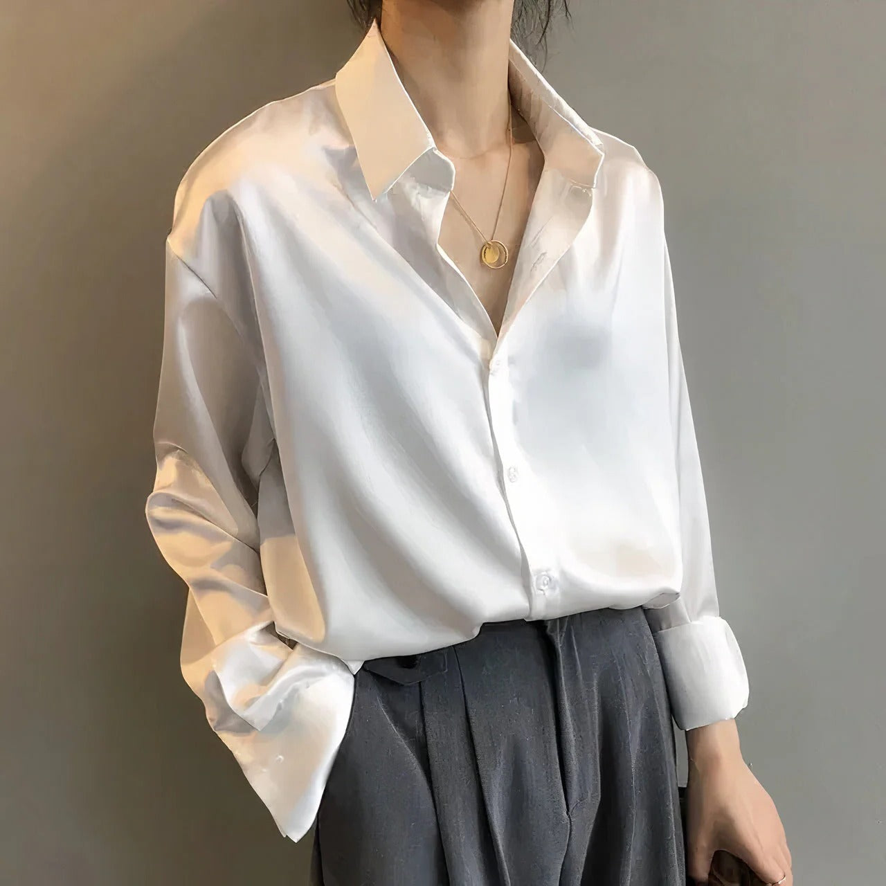 Sage Women's Long Sleeve Satin Button-Down Blouse with Collar