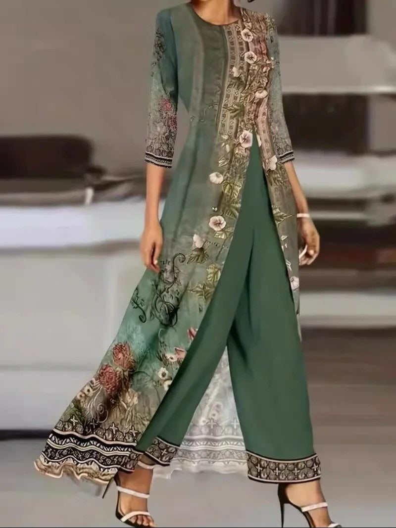 Jade | Women's Floral Print Two-Piece Set: Long Top & Wide-Leg Pants