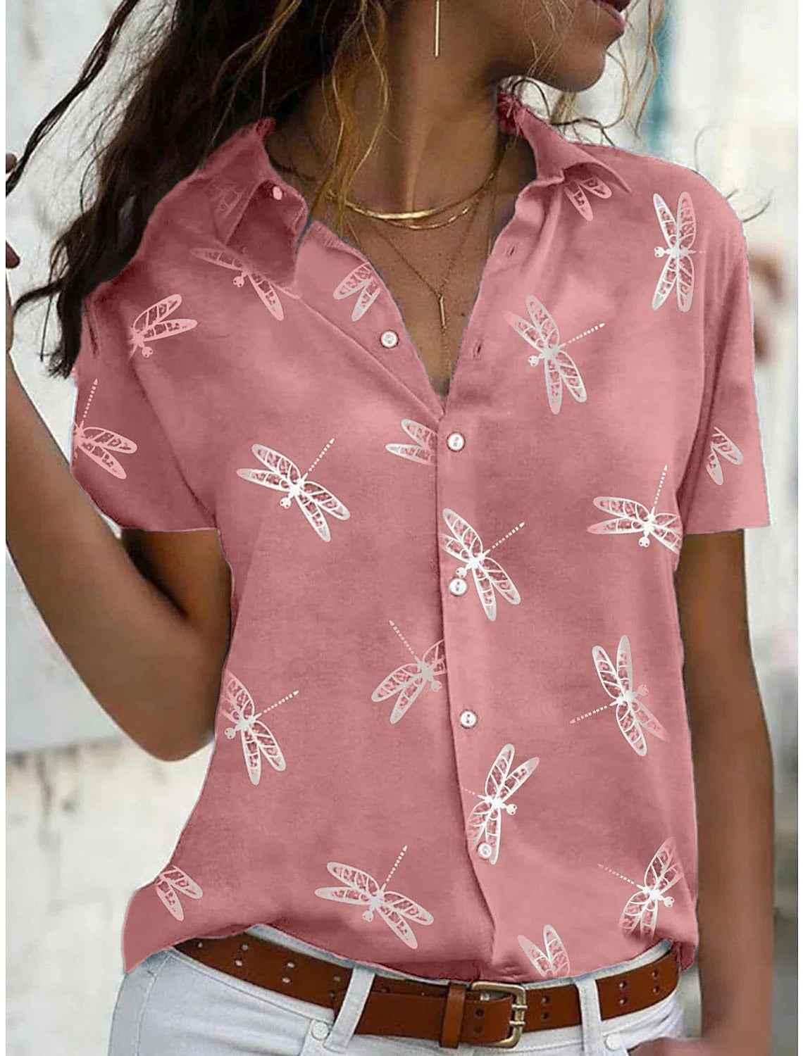 Daisy | Women's Short Sleeve Button-Down Shirt with Dragonfly Print