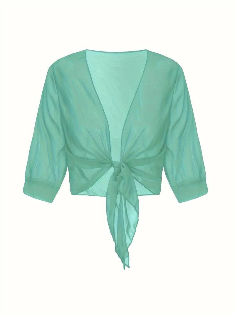 Brisa | Women's Sheer Tie-Front Blouse with Open Front and 3/4 Sleeves