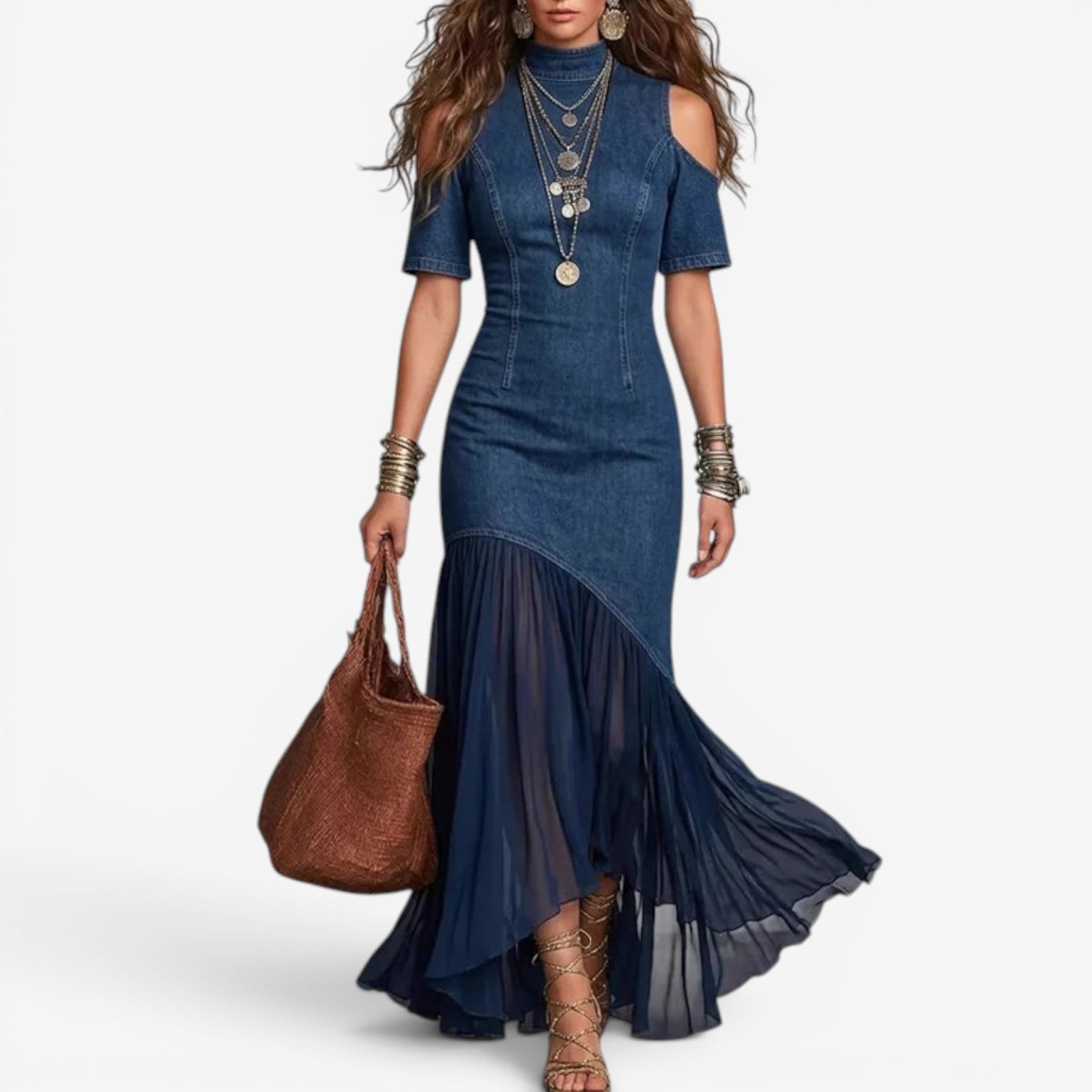 Denim Cold-Shoulder Maxi Dress