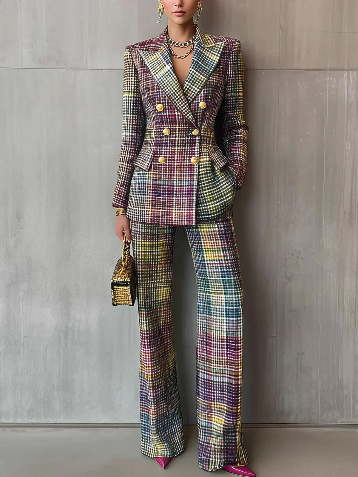 Josephine | Women's Plaid Double-Breasted Blazer and Suit Set