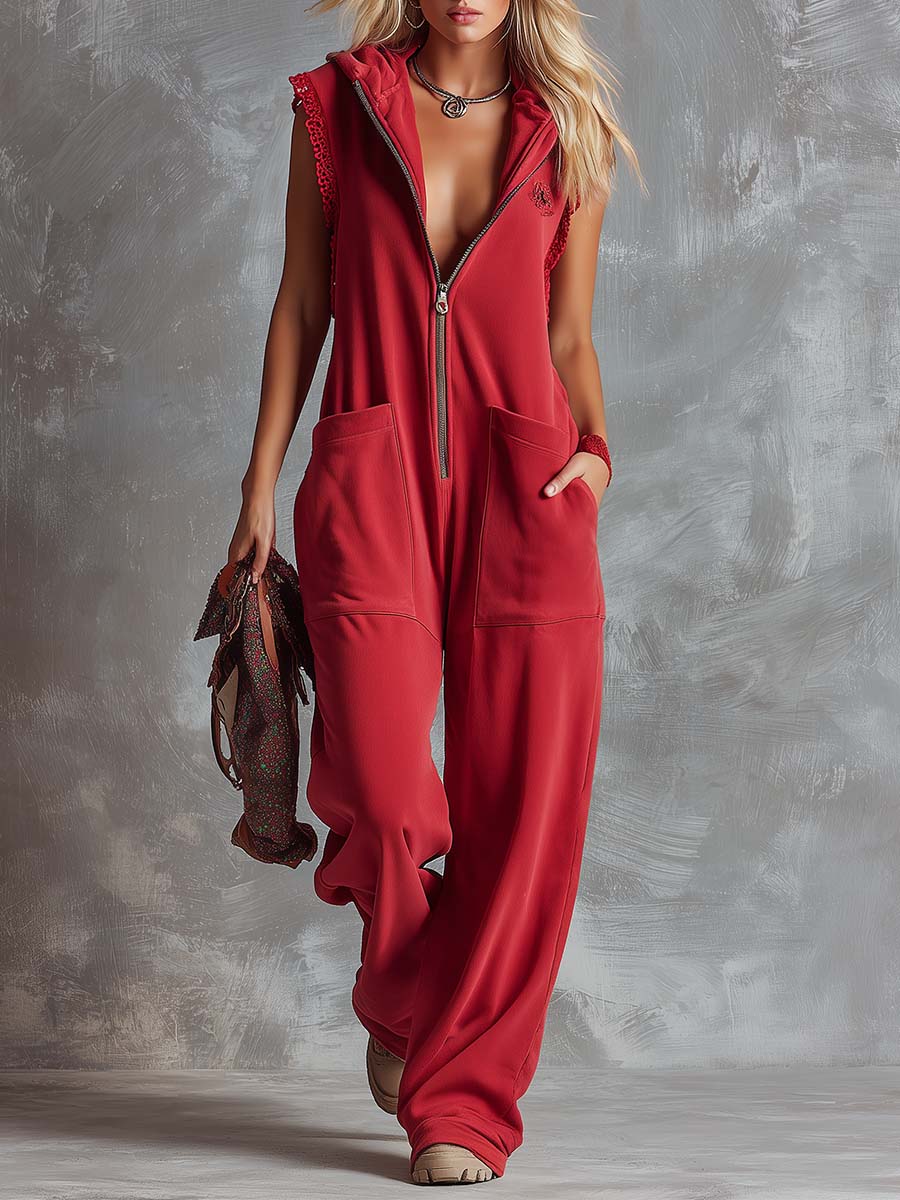 Kendra | Women's Red Sleeveless Hooded Jumpsuit