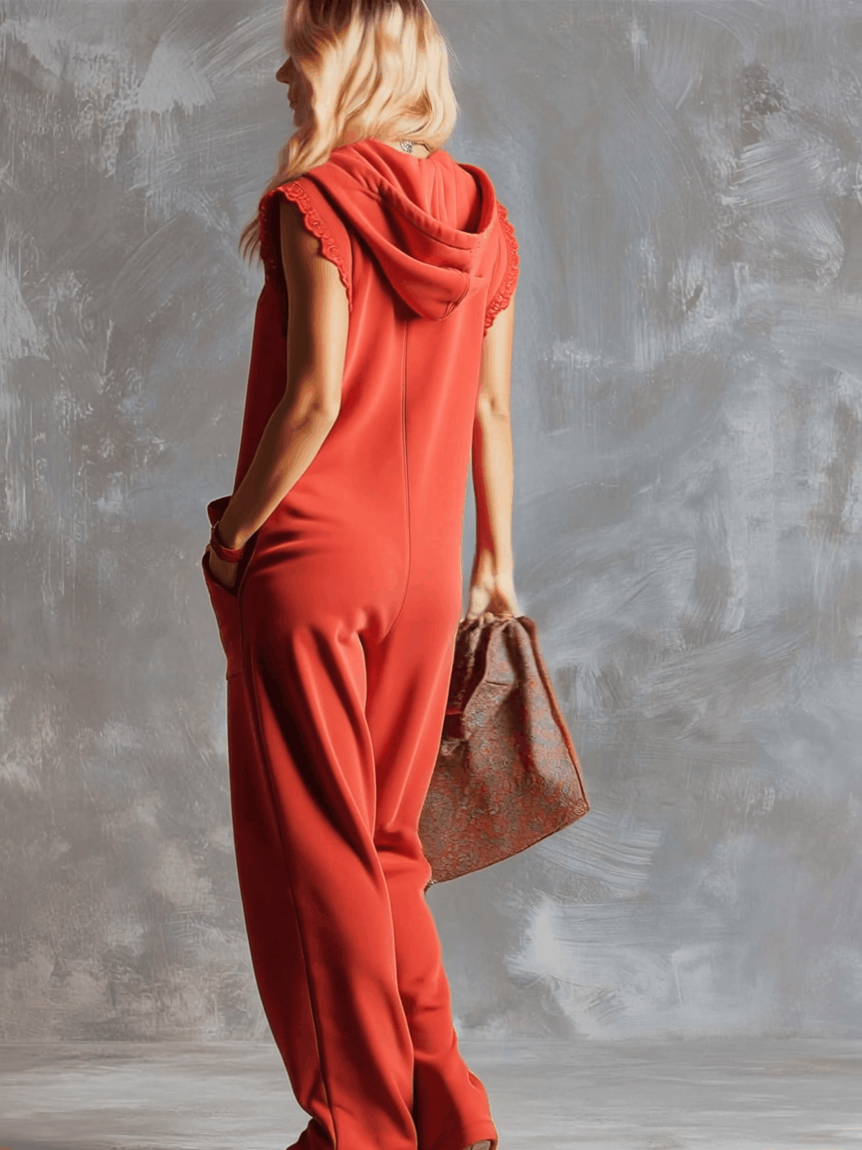 Kendra | Women's Red Sleeveless Hooded Jumpsuit