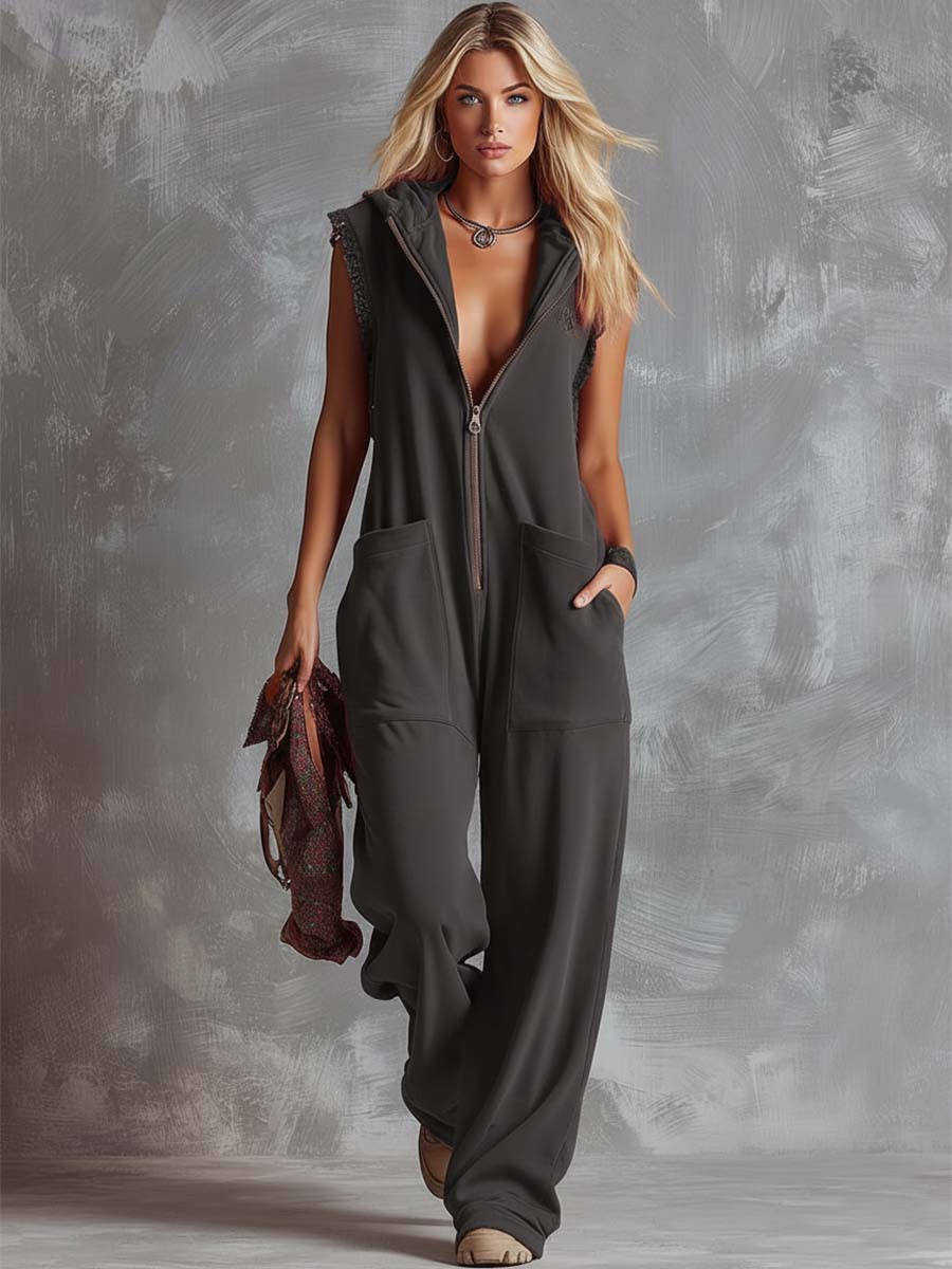 Kendra | Women's Red Sleeveless Hooded Jumpsuit
