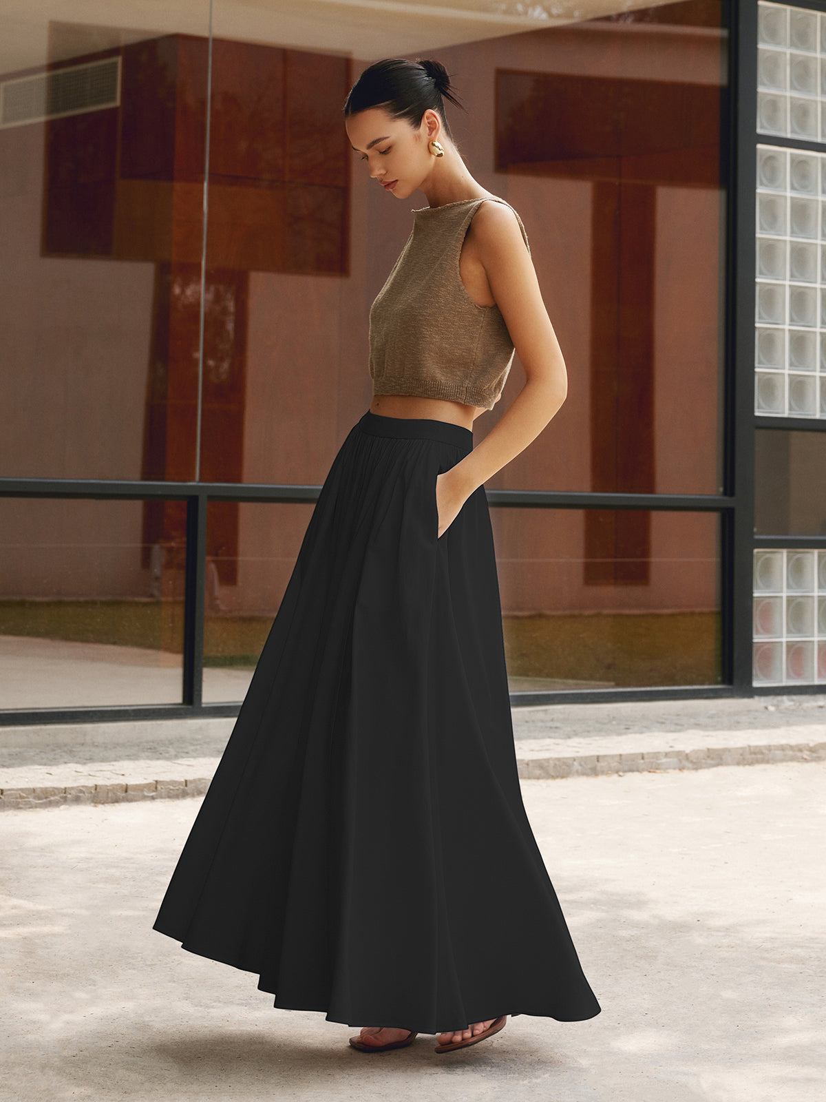 Florence | Women's High-Waisted Pleated A-Line Maxi Skirt Featuring Pockets