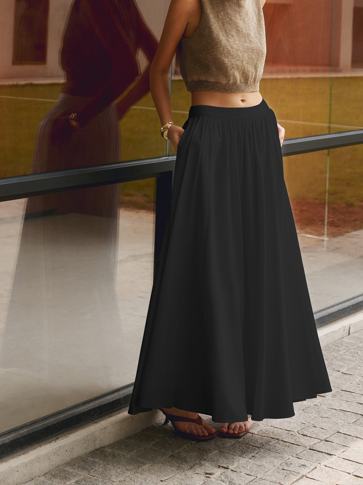 Florence | Women's High-Waisted Pleated A-Line Maxi Skirt Featuring Pockets
