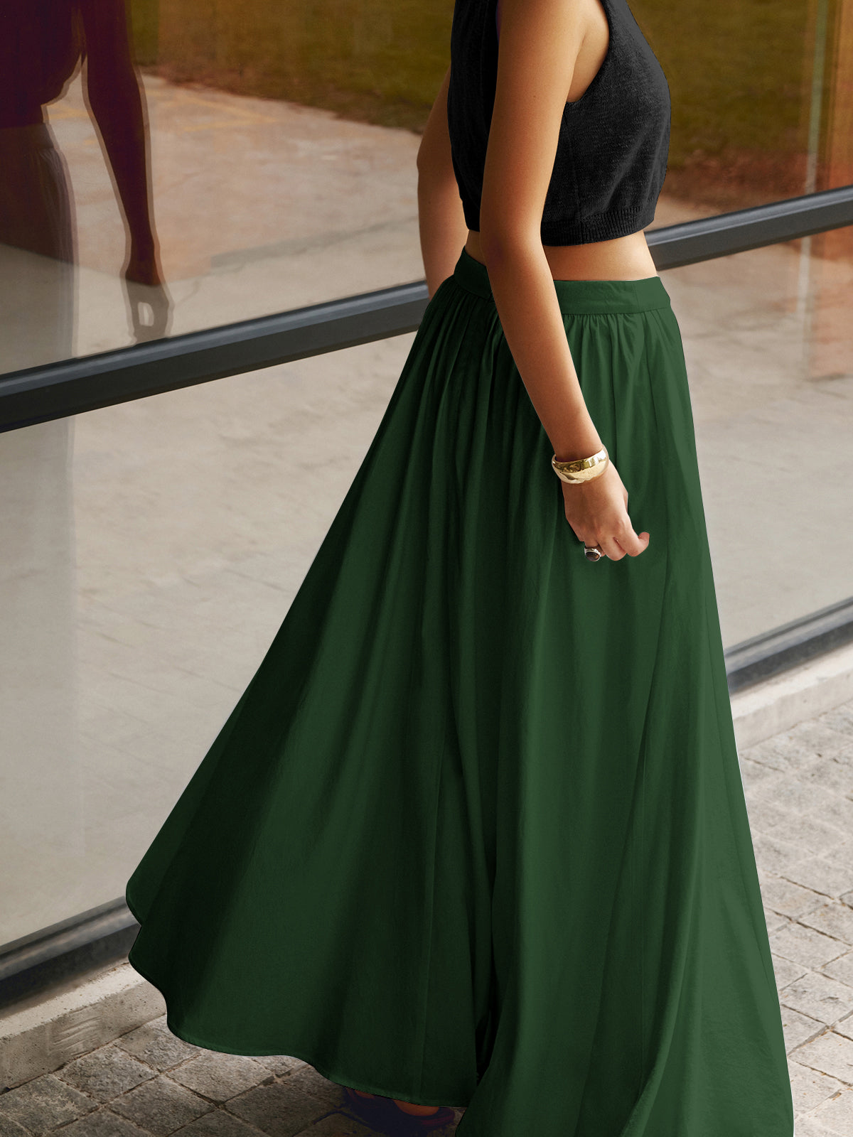 Florence | Women's High-Waisted Pleated A-Line Maxi Skirt Featuring Pockets