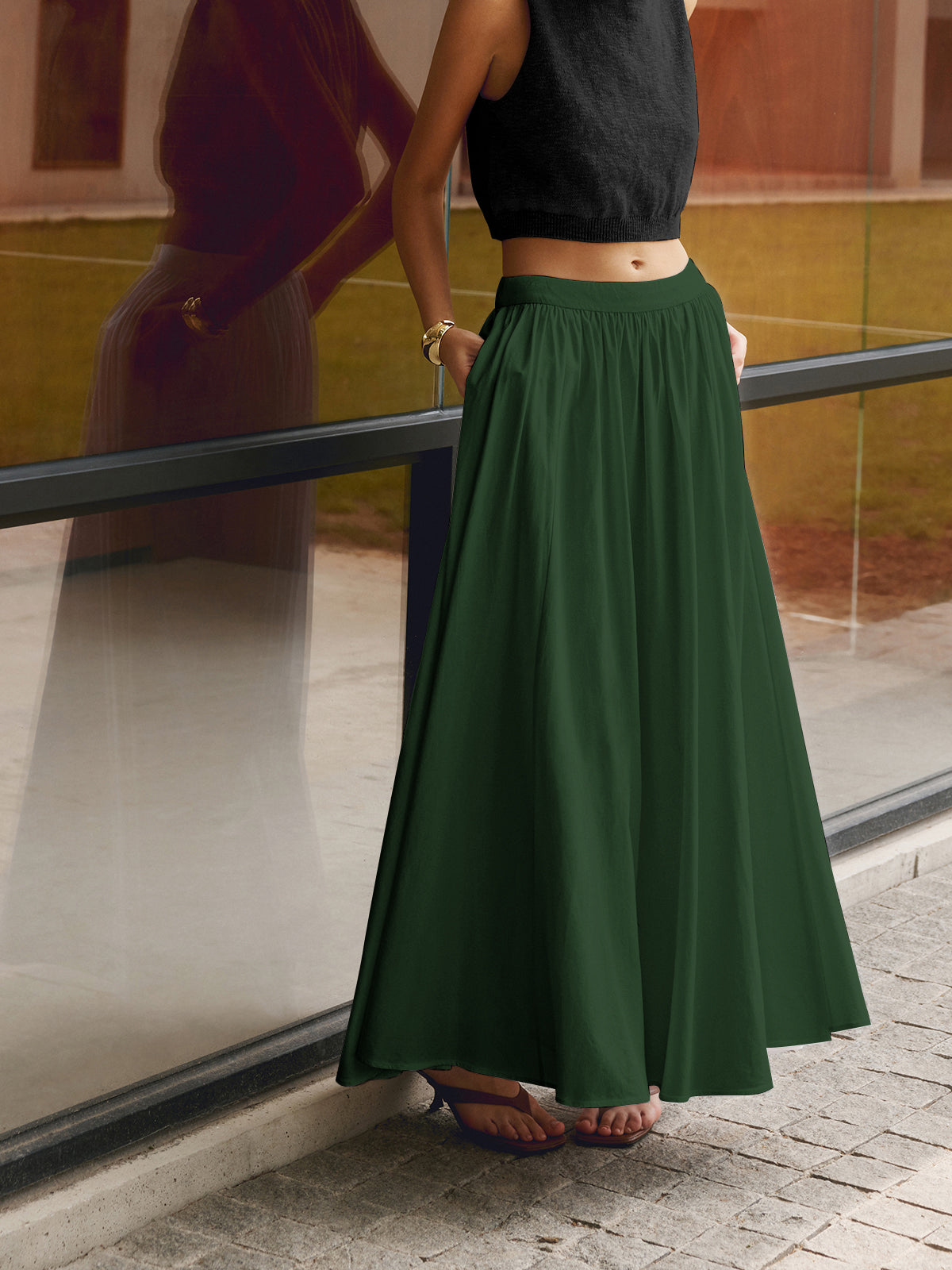 Florence | Women's High-Waisted Pleated A-Line Maxi Skirt Featuring Pockets