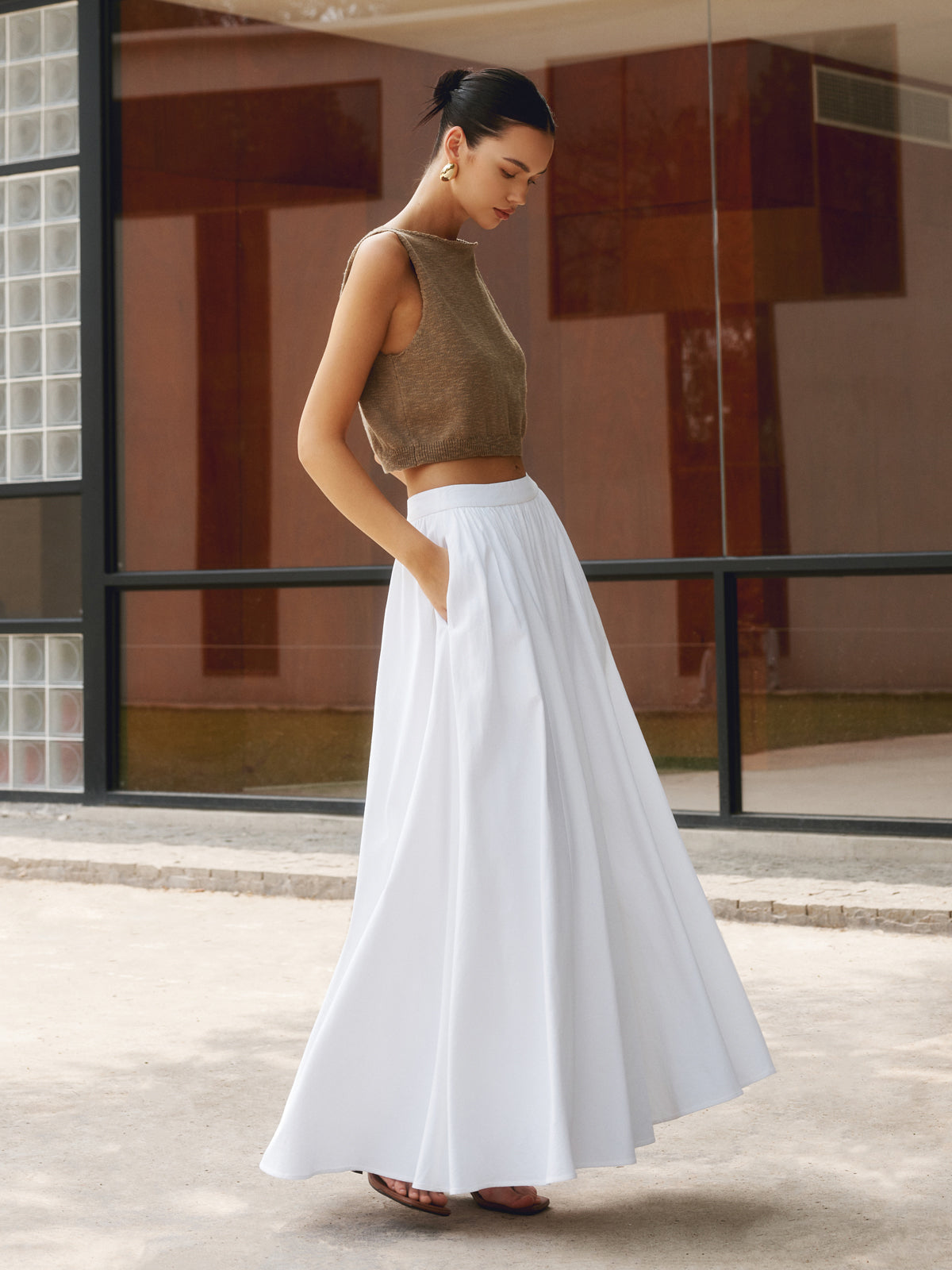 Florence | Women's High-Waisted Pleated A-Line Maxi Skirt Featuring Pockets