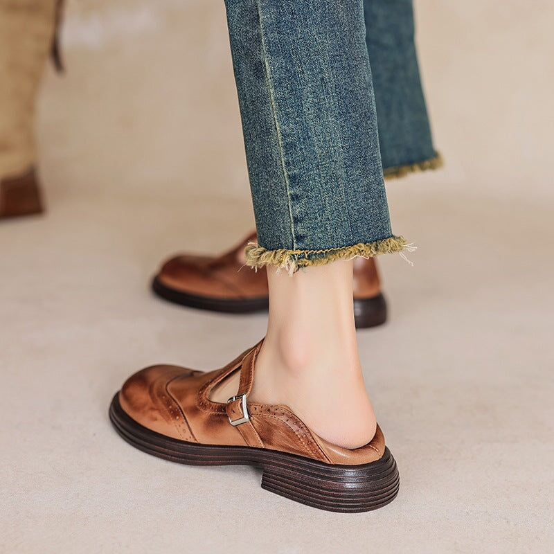 Rosie | Women's Brogue Block Heel T-Strap Mary Jane Leather Shoes