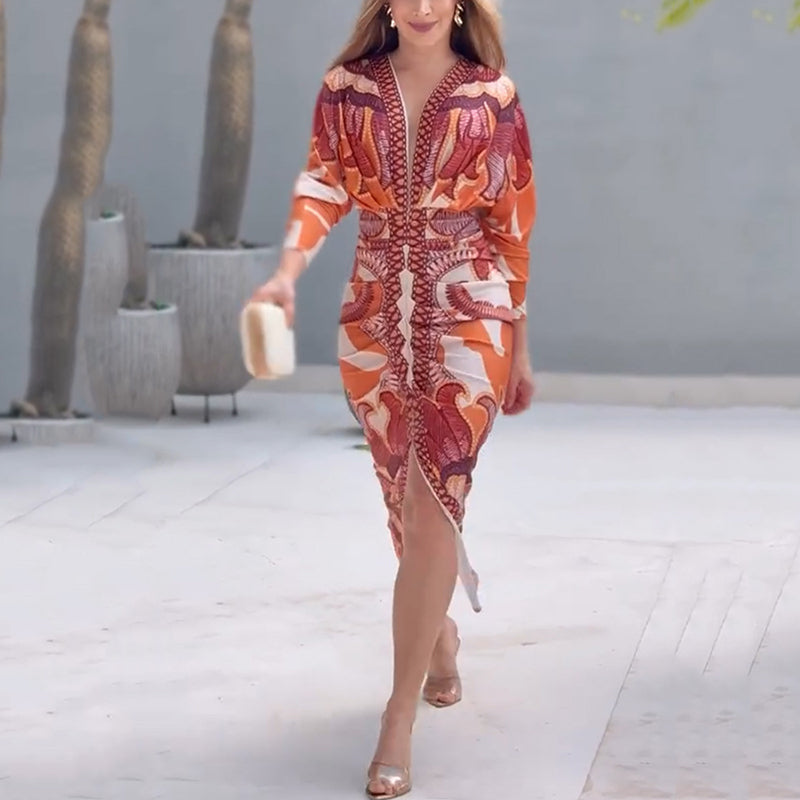 Narcissa | Women's V-Neck Printed Bodycon Midi Dress