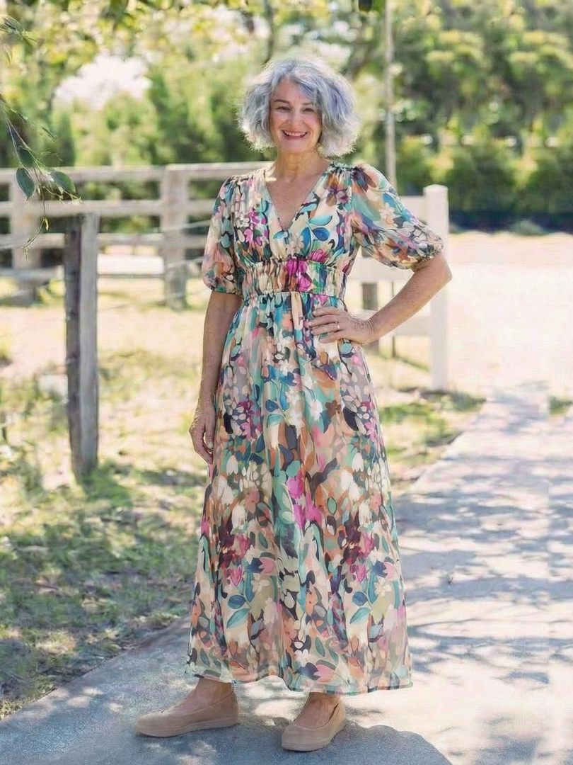 Octavia | Women's Midi Dress with Floral V-Neck Design