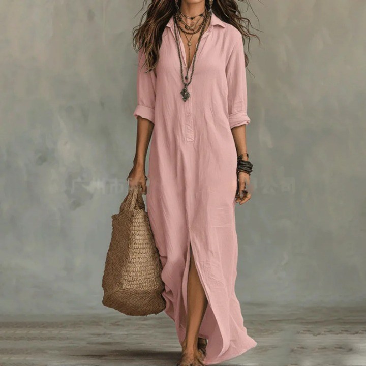 Ophelia | Women's Long Sleeve Maxi Shirt Dress with Collar