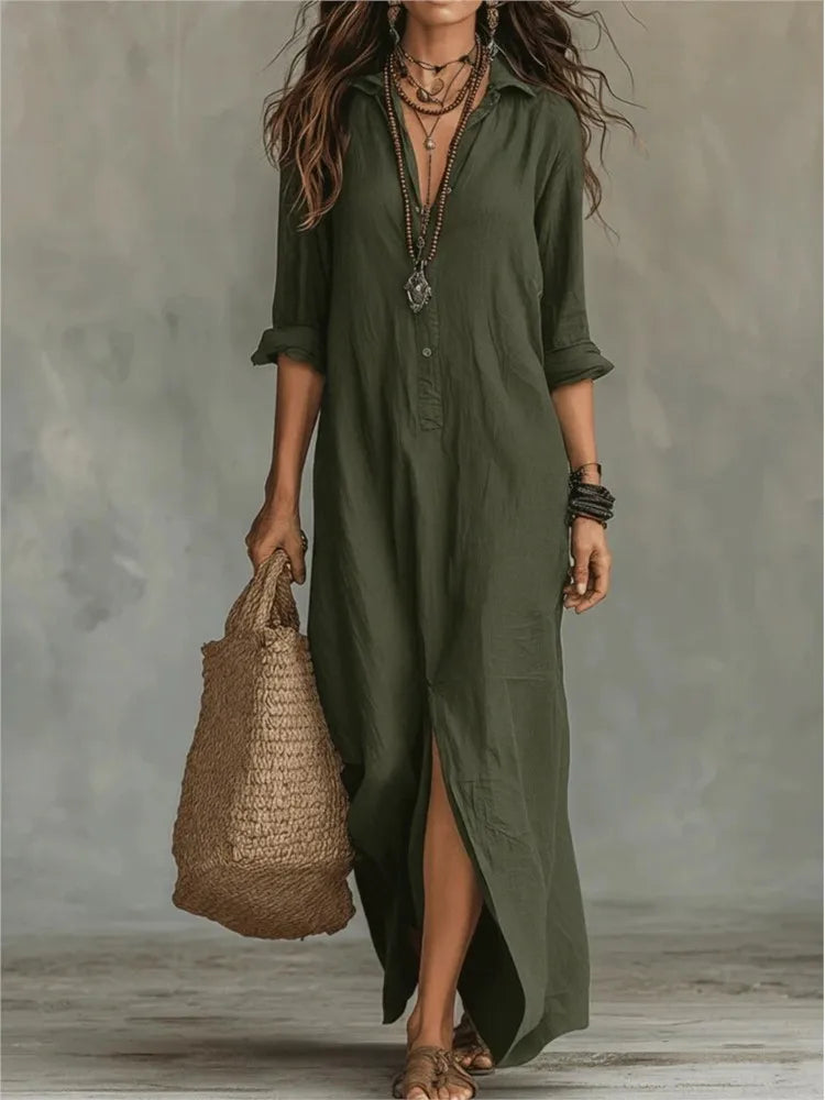 Ophelia | Women's Long Sleeve Maxi Shirt Dress with Collar