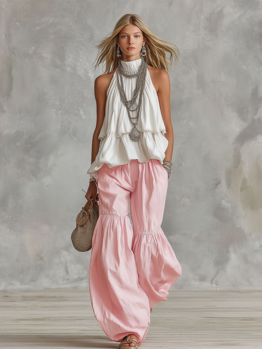 Ophira | Women's Sleeveless Mock Neck Top with Wide Leg Pants Set