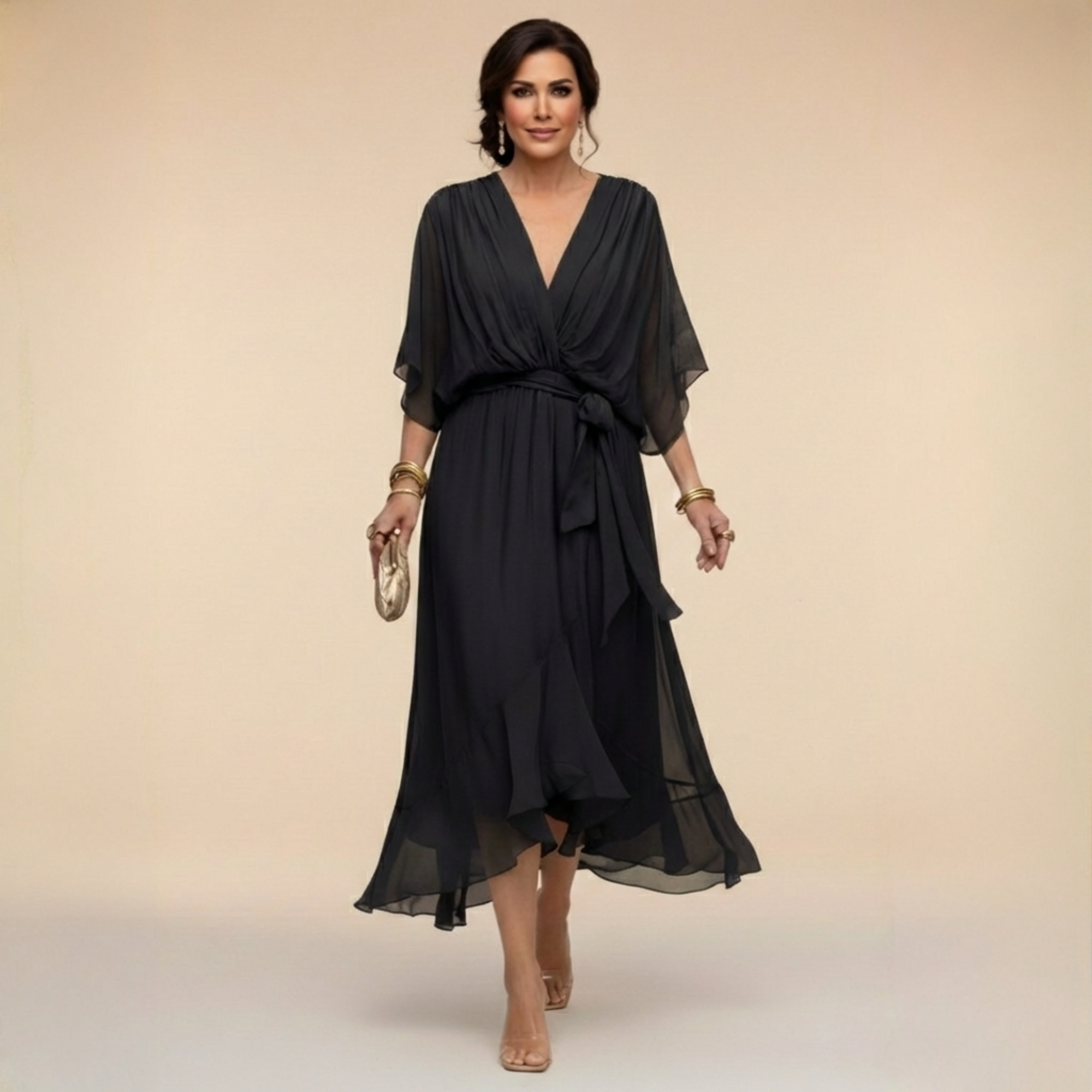 Penelope | Women's V-Neck Wrap Midi Dress" can be rewritten as:
"Penelope | Women's Midi Dress with V-Neck Wrap Design